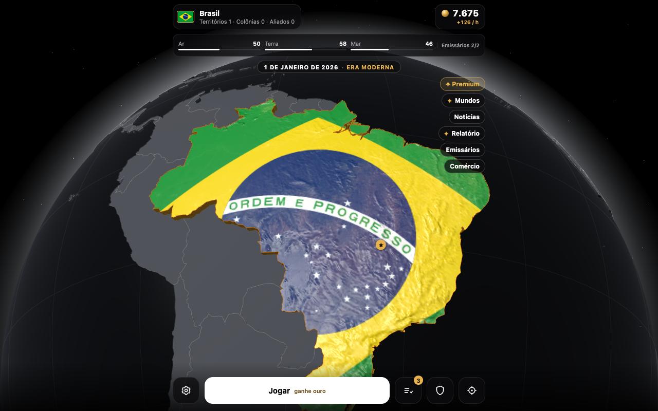 A tela principal do jogo: o país do jogador no globo, o tesouro e a força do exército acima, o botão Jogar abaixo
