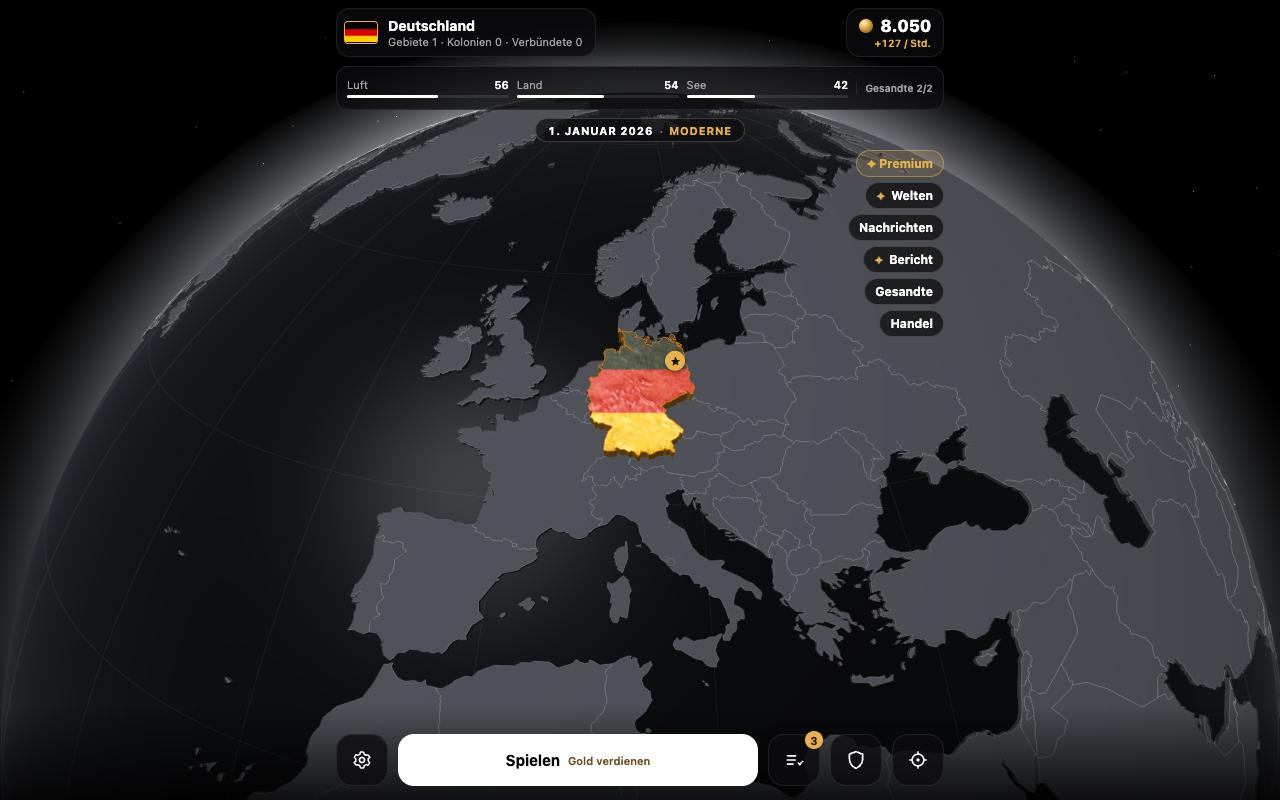 Der Hauptbildschirm des Spiels: das Land des Spielers auf dem Globus, oben Schatzkammer und Armeestärke, unten die Spielen-Taste