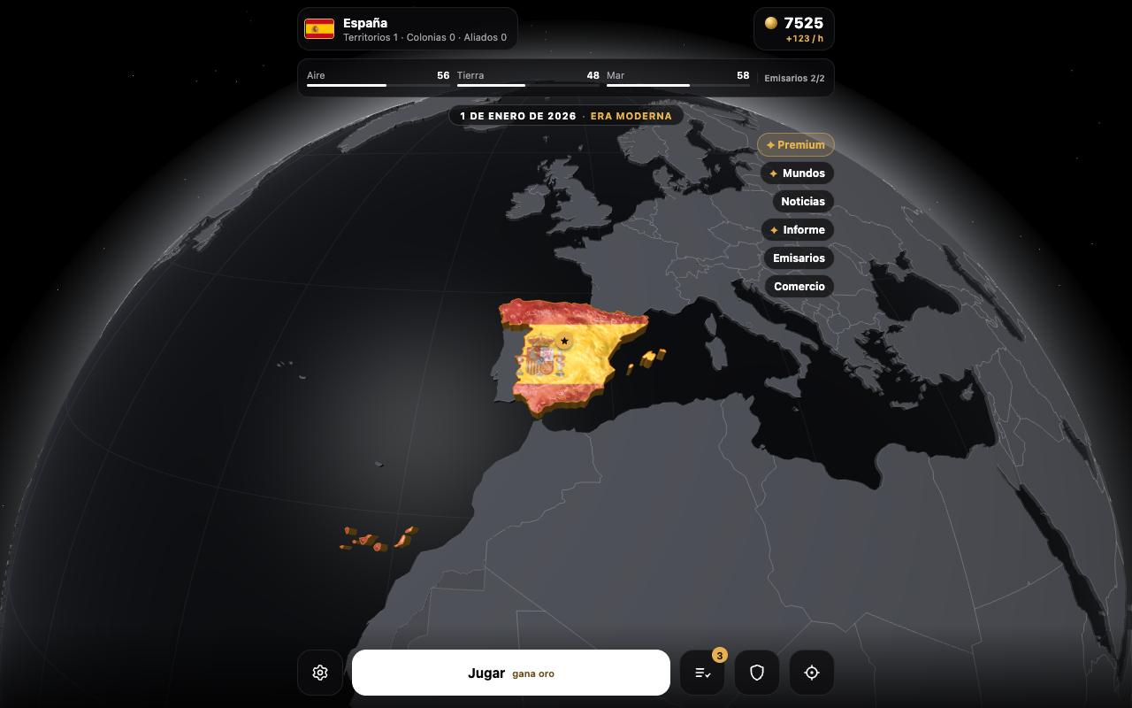 La pantalla principal del juego: el país del jugador en el globo, el tesoro y la fuerza del ejército arriba, el botón Jugar abajo