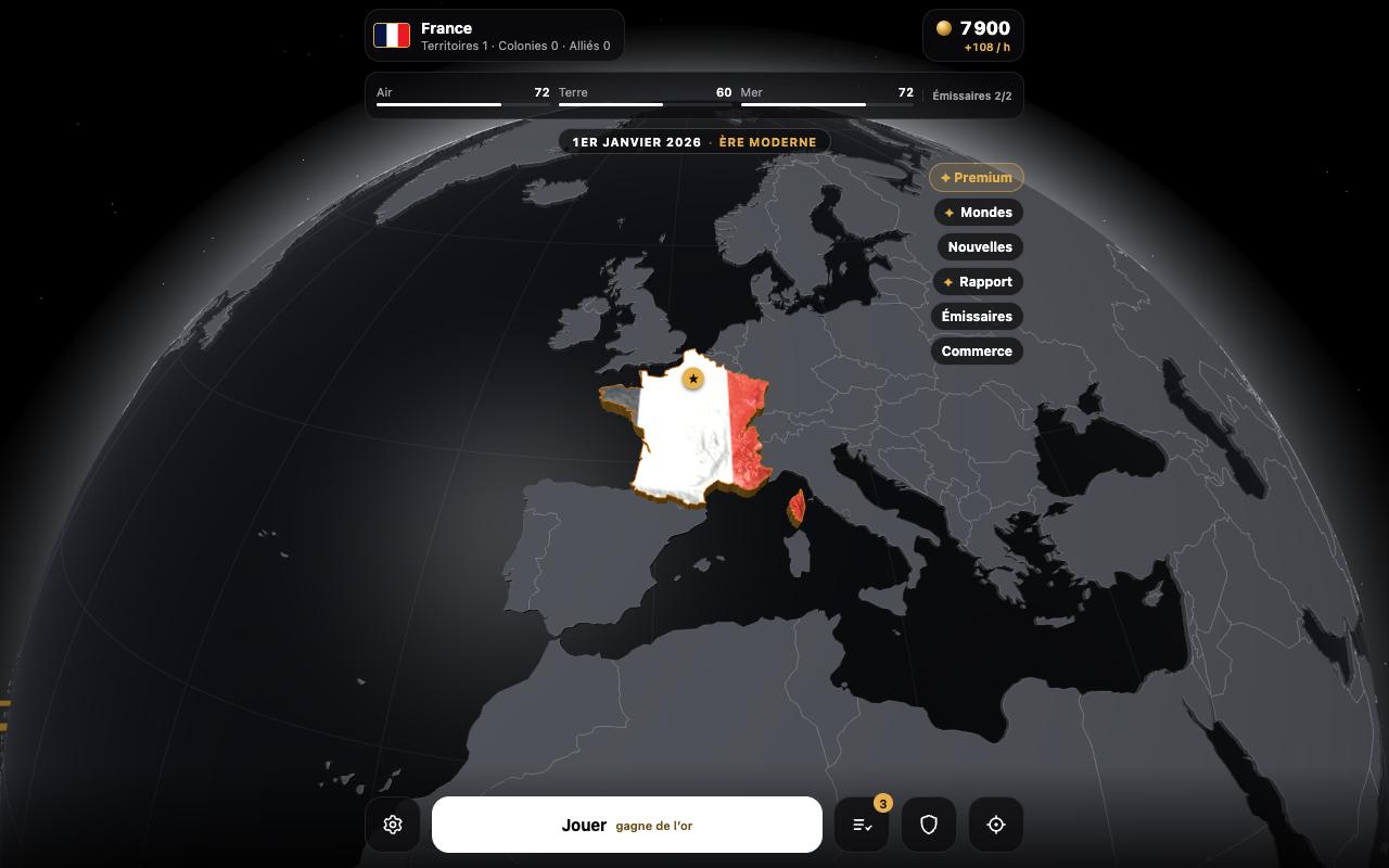 L'écran principal du jeu : le pays du joueur sur le globe, le trésor et la force de l'armée en haut, le bouton Jouer en bas