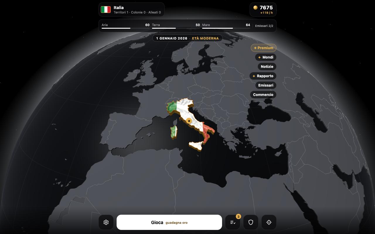La schermata principale del gioco: il paese del giocatore sul globo, il tesoro e la forza dell'esercito in alto, il pulsante Gioca in basso