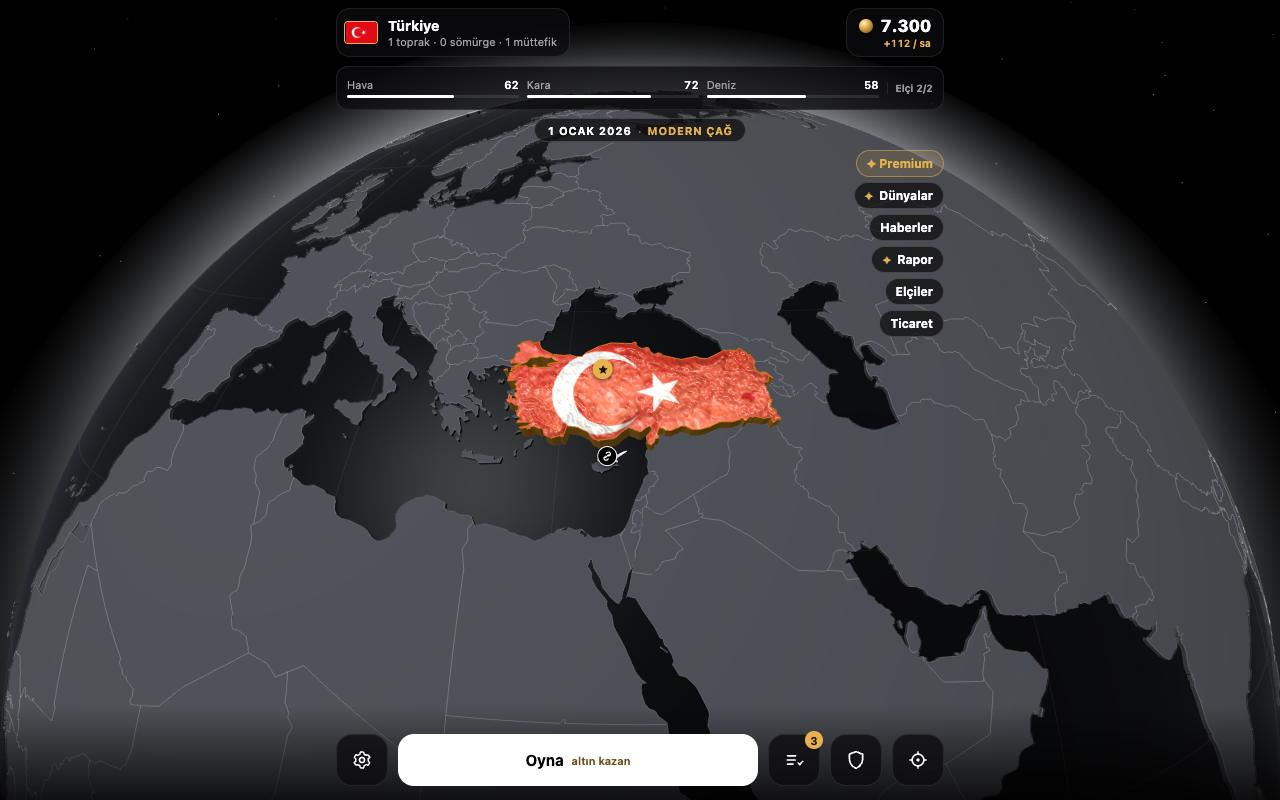 The game's main screen: the player's country on the globe, the treasury and army strength above, the Play button below